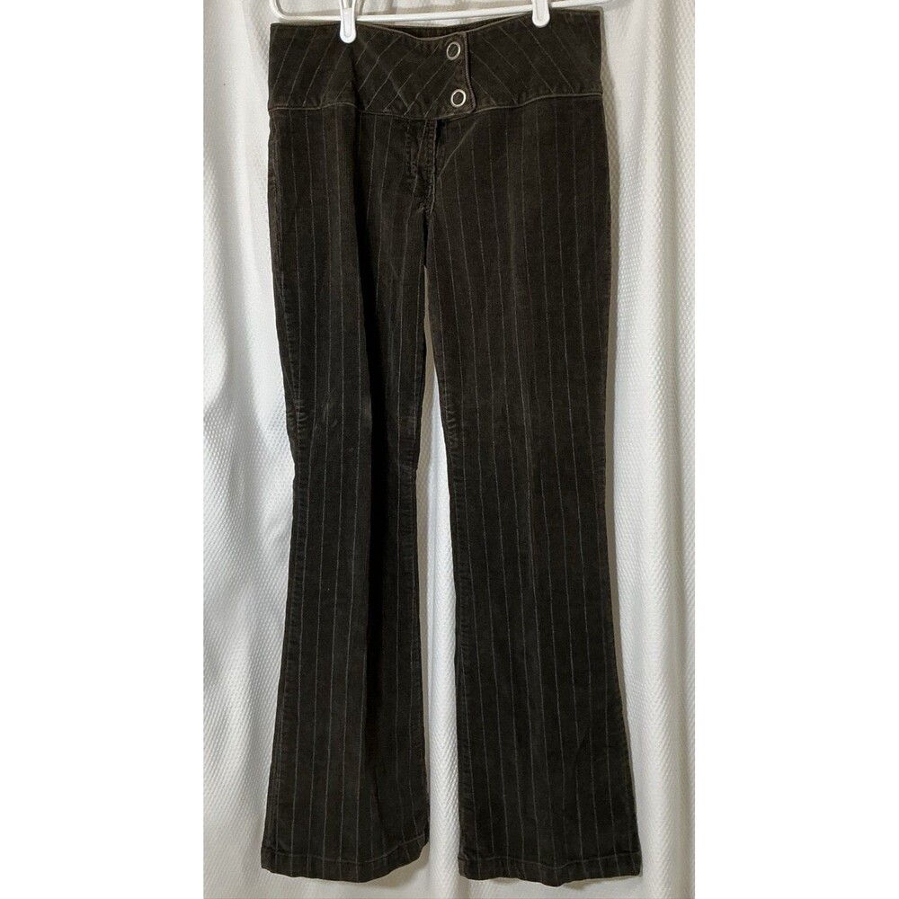 Womens Y2K Low Rise Corduroy Flare Brown Pants Blue Pin Stripe Sz 12 90s Vintage